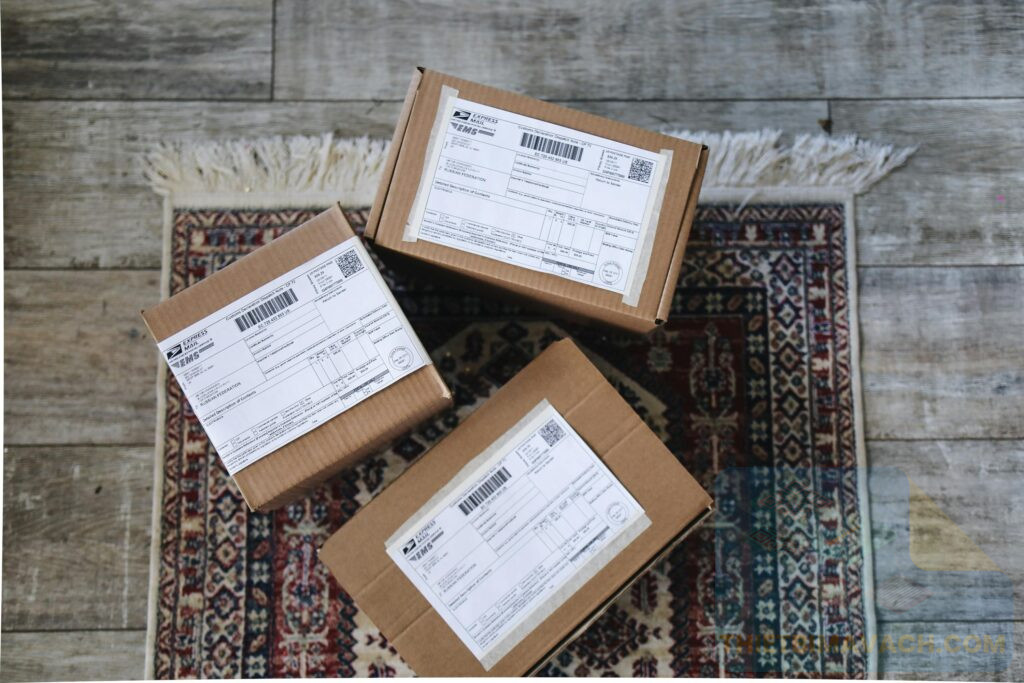 Three labeled delivery boxes placed on a decorative rug over a wooden floor.