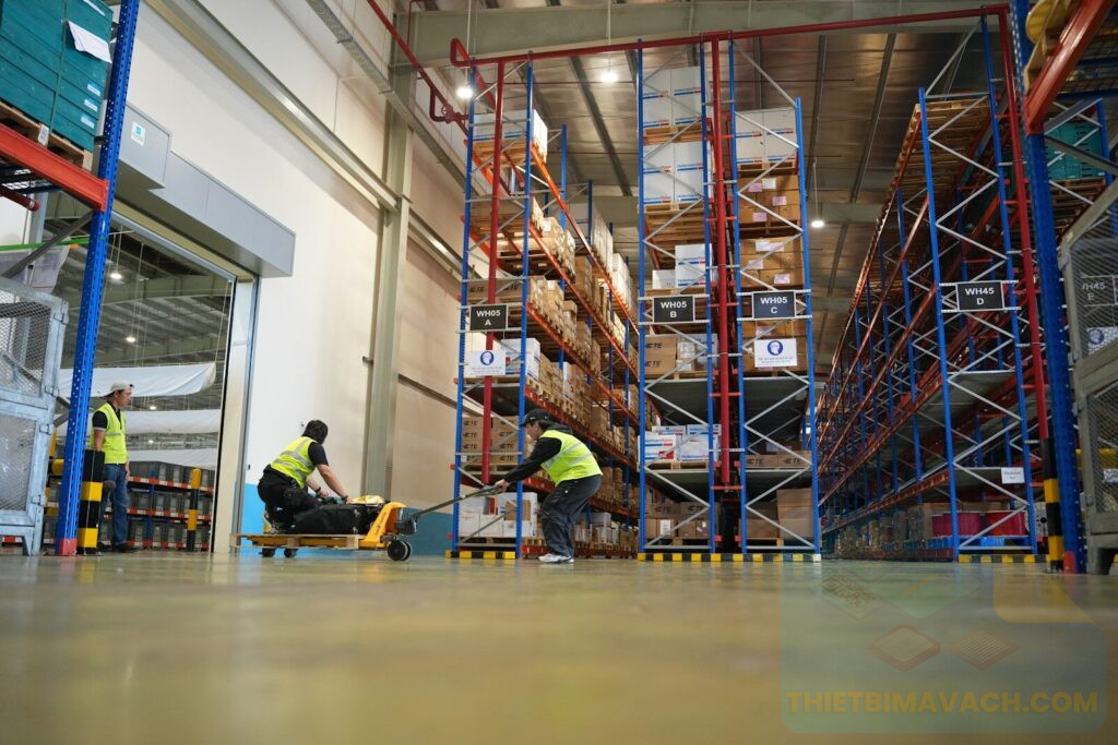 Workers moving pallets in a large warehouse with tall shelves