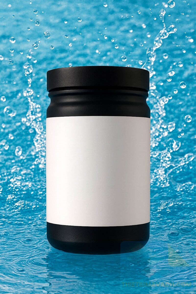 Black container with white label, water splashes